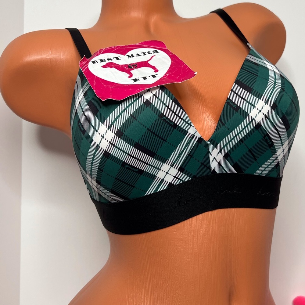 Victoria’s Secret PINK 34D 36DD Logo Band Push-up Bra Wireless Plunge Plaid